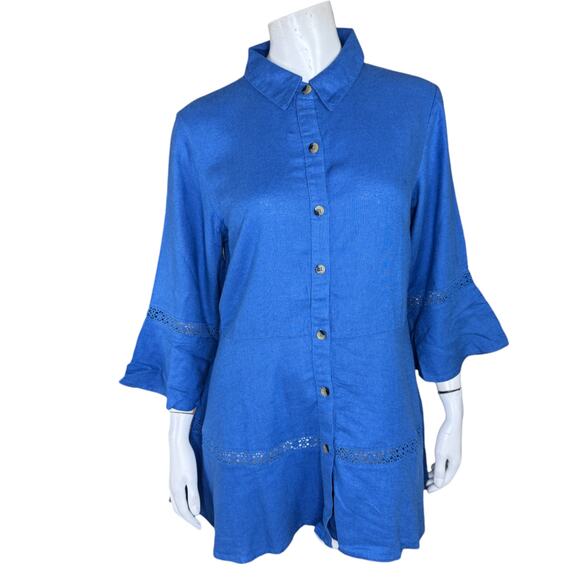 Isaac Mizrahi Live! Bridgehampton Linen Tunic w/ Lace Trim Blue XS NWOT - Picture 1 of 14